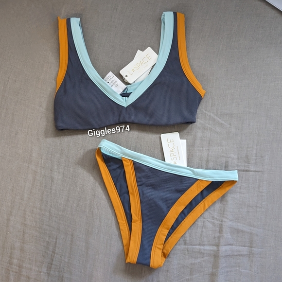 L*Space Lala Vacay Bikini Set Slate Sky Blue Inka Gold - Picture 1 of 14